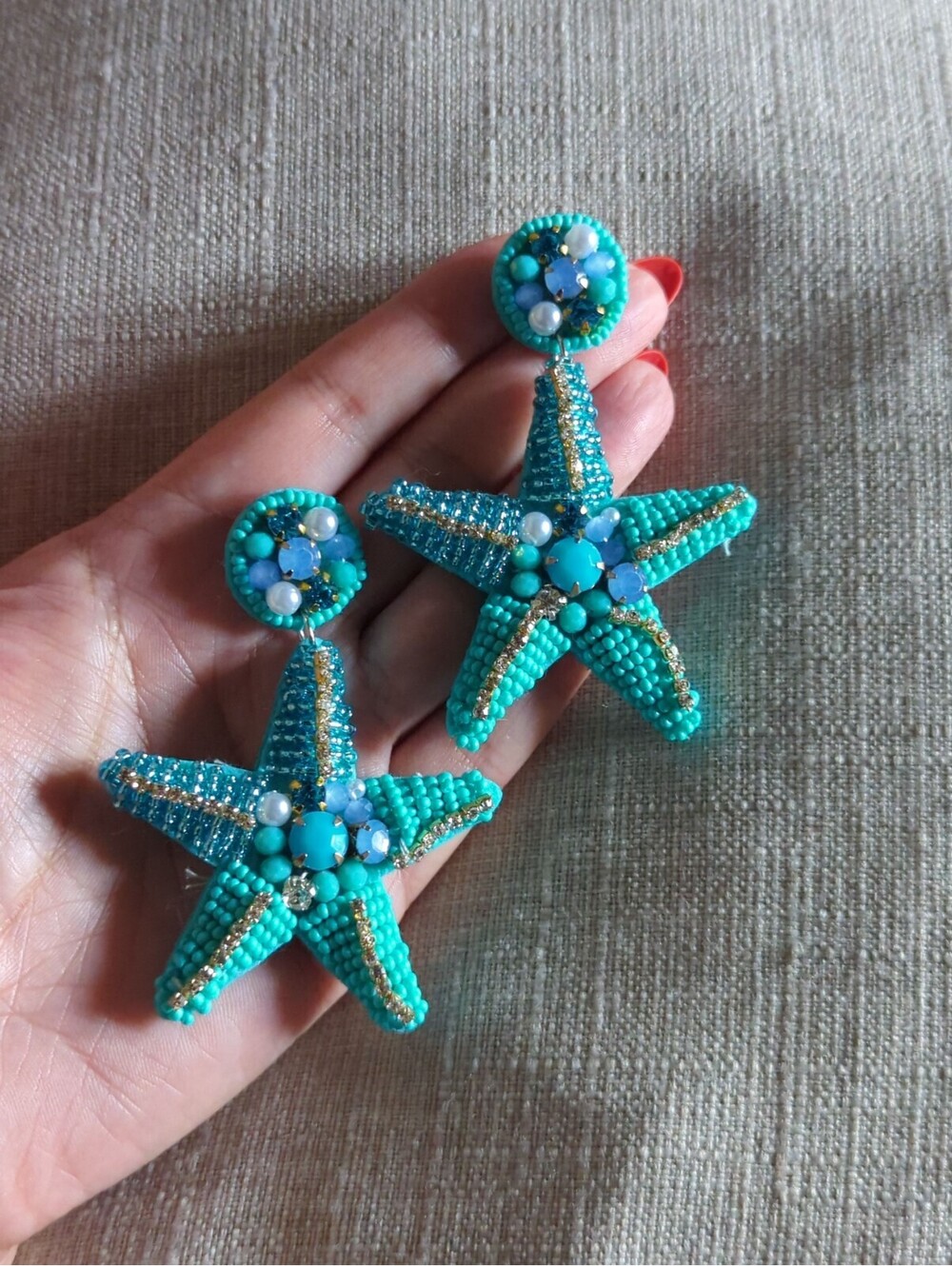 Starfish Turquoise Beaded Dangle Earrings Boho Ocean Beach Sea Summer Vacation - Picture 3 of 6